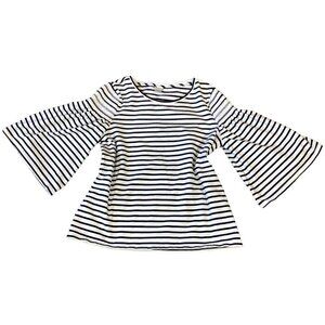 Chico's Breton Stripe Knit Top Sz 2 (L/12) Smock Shoulder Bell-Flare Sleeve 296H